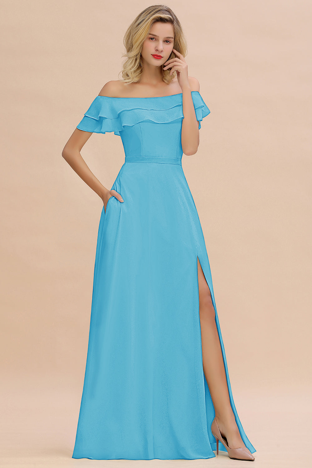 Exquisite Off-the-shoulder Slit Mint Green Bridesmaid Dresses With Pockets