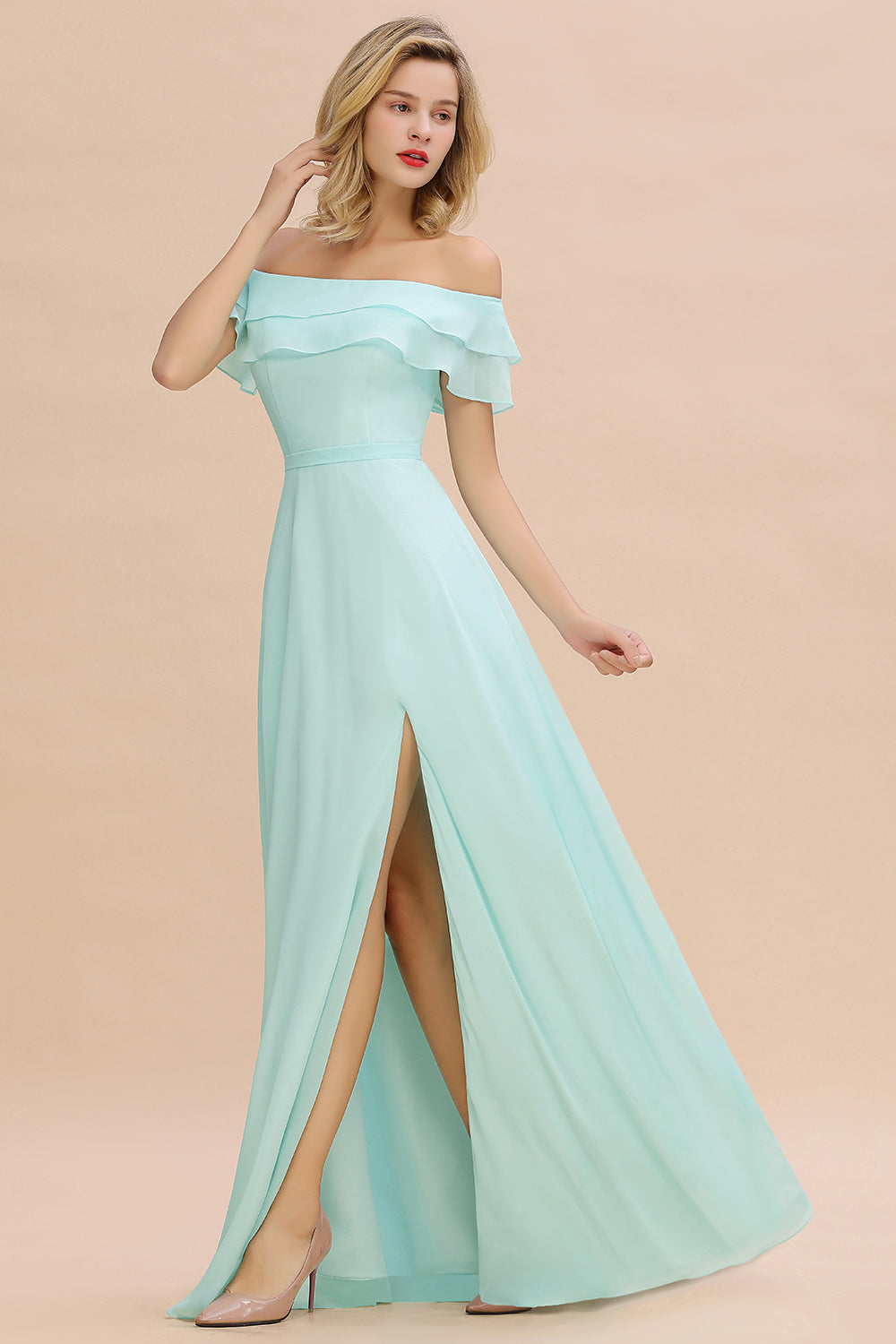 Exquisite Off-the-shoulder Slit Mint Green Bridesmaid Dresses With Pockets