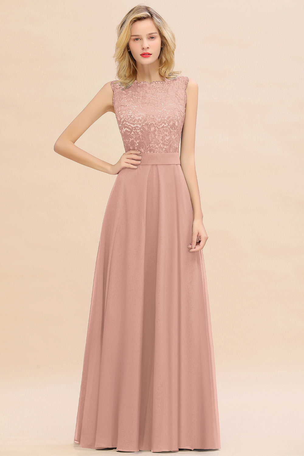 Exquisite Scoop Chiffon Lace Bridesmaid dresses with V-Back