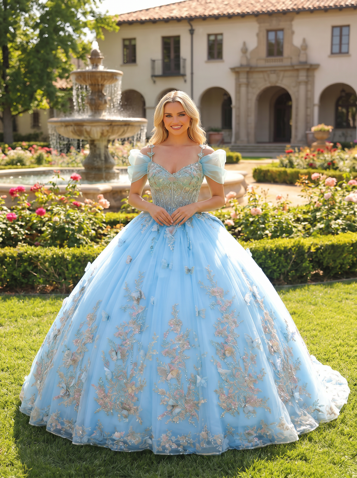 Elegant Ball Gown Cold Shoulder Quinceañera Dress With Floral Embroidery and 3D Butterfly | Sevoba