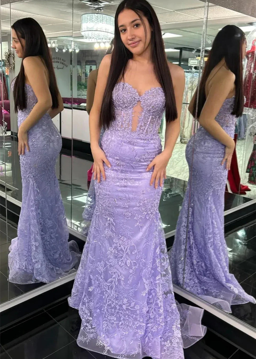 Sevoba|Black Sweetheart Lace Appliques Mermaid Long Prom Dresses