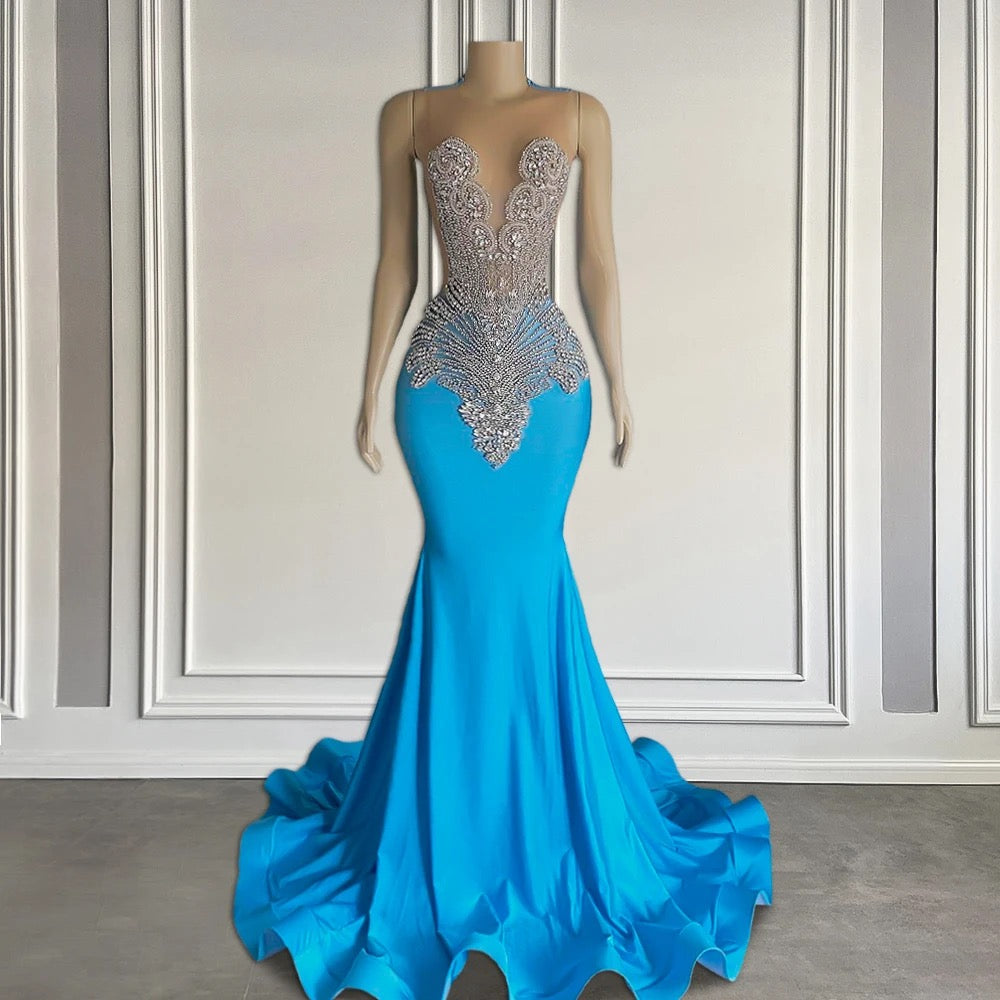 Designer Ocean Blue Sleeveless Mermaid Long Formal Dresses with Beads