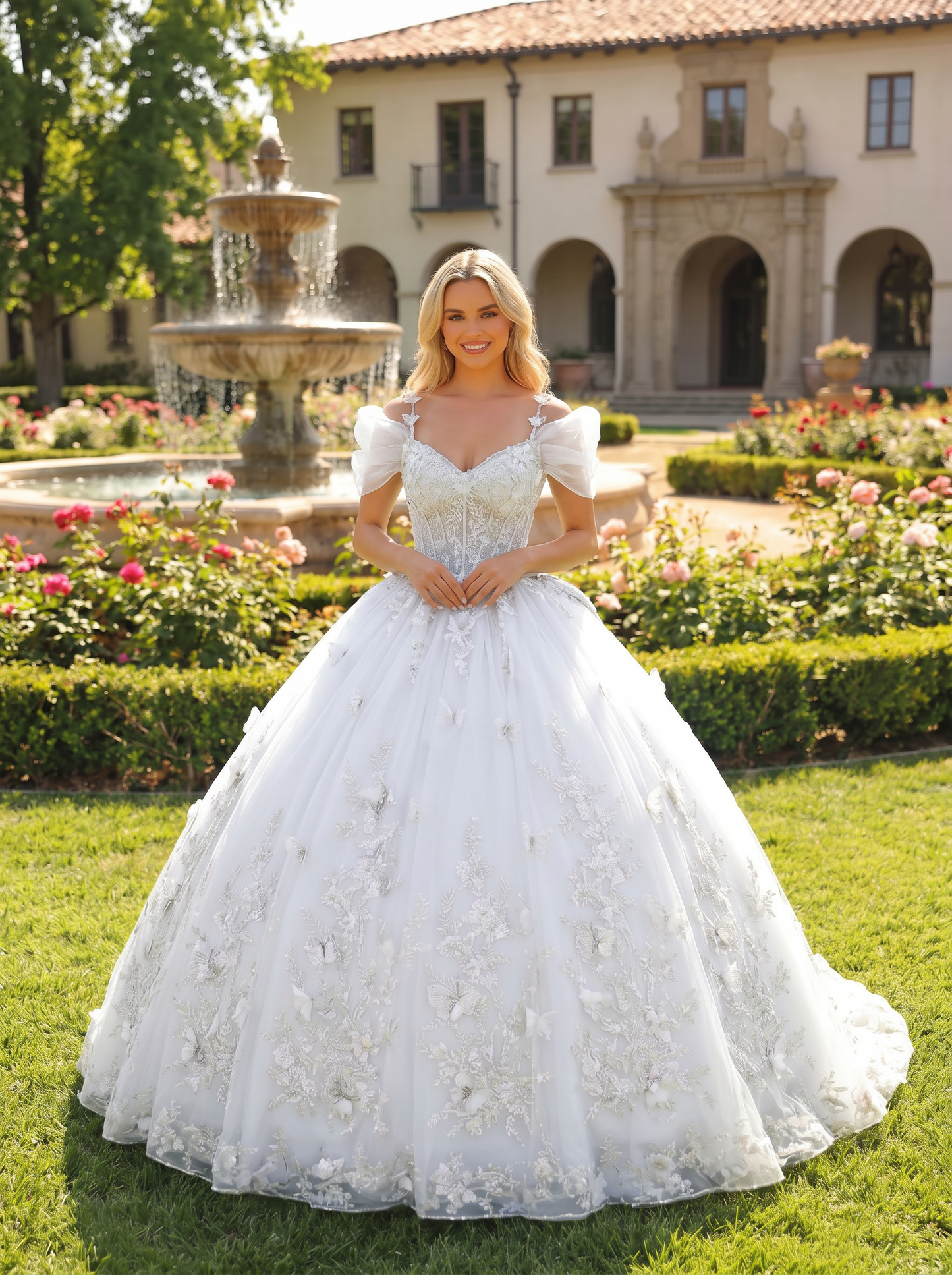 Elegant Ball Gown Cold Shoulder Quinceañera Dress With Floral Embroidery and 3D Butterfly | Sevoba