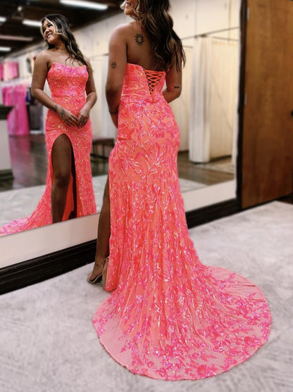 Fuchsia Strapless Sequins Lace Mermaid Prom Dresses with Slit