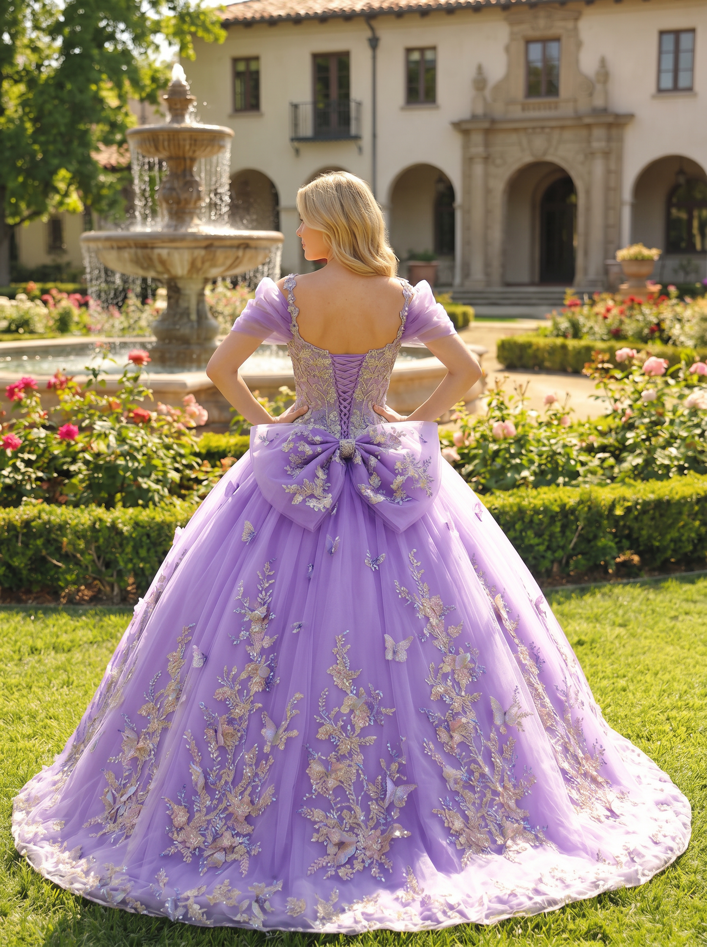 Elegant Ball Gown Cold Shoulder Quinceañera Dress With Floral Embroidery and 3D Butterfly | Sevoba