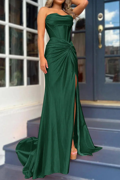 Nadia |Mermaid Strapless Satin Long Prom Dress With Slit