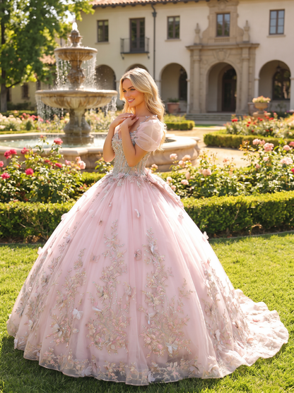 Elegant Ball Gown Cold Shoulder Quinceañera Dress With Floral Embroidery and 3D Butterfly | Sevoba