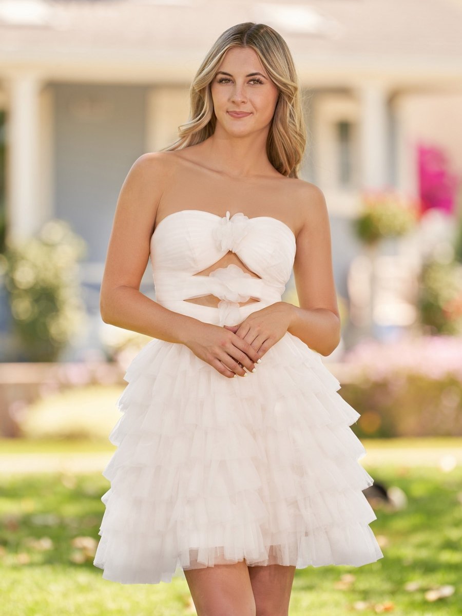 Sevoba|Strapless Tiered Ruffle Tulle Short Homecoming Dress With Flowers