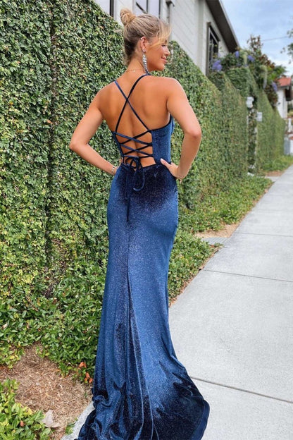 Felix | Navy Blue Mermaid Velvet Corset Lace-Up Long Formal Dress with Slit