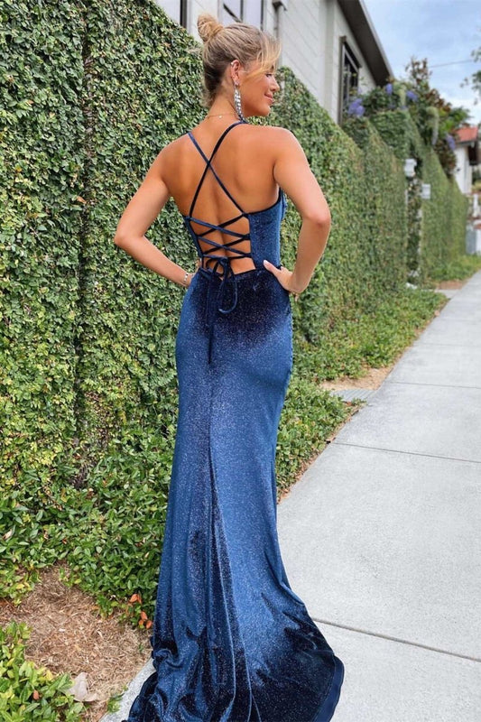 Felix | Navy Blue Mermaid Velvet Corset Lace-Up Long Formal Dress with Slit
