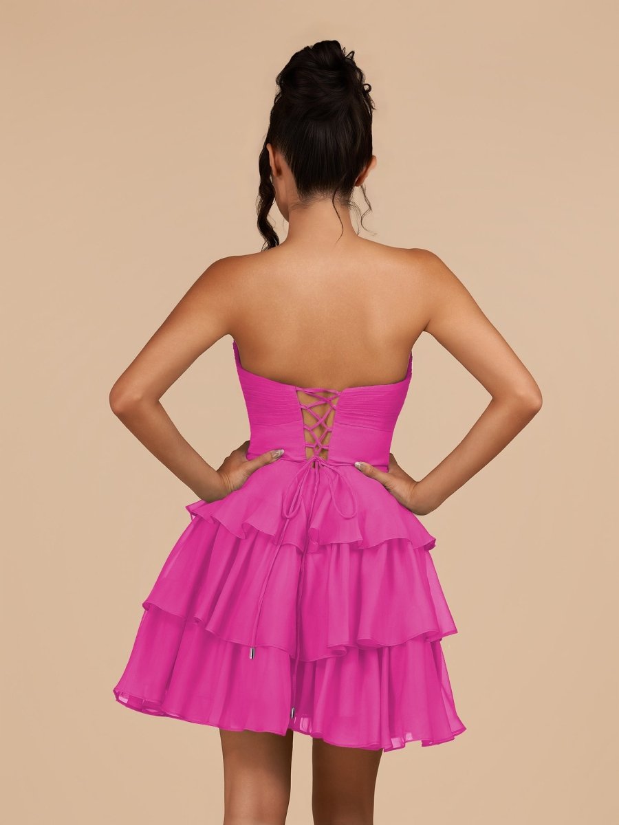 Sevoba|Fuchsia - Strapless A Line Chiffon Ruffles Homecoming Dresses With Flower