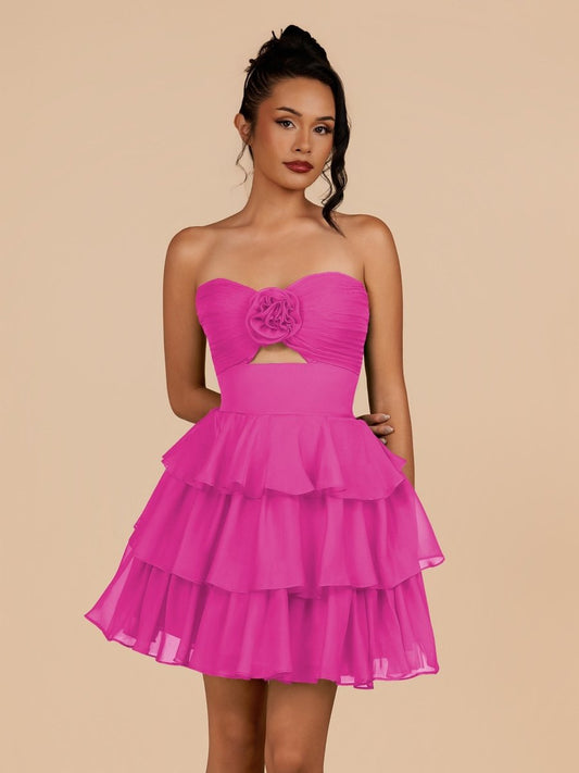 Sevoba|Fuchsia - Strapless A Line Chiffon Ruffles Homecoming Dresses With Flower
