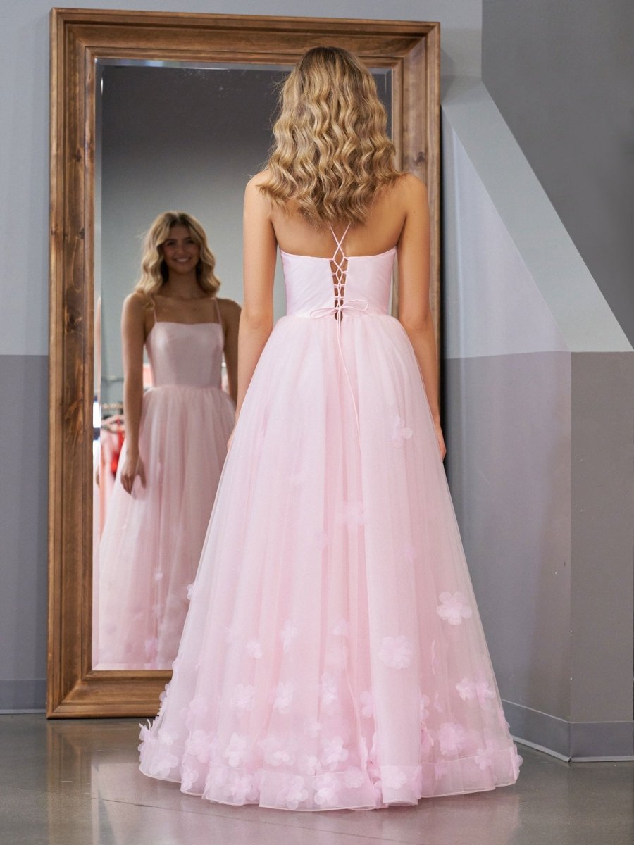 Sevoba|A-line Spaghetti Straps Pink Tulle Prom Dress