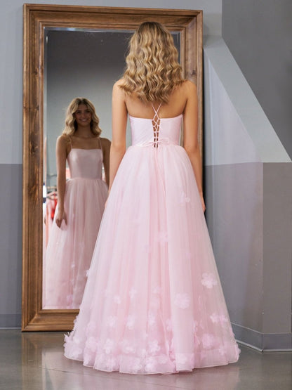 Sevoba|A-line Spaghetti Straps Pink Tulle Prom Dress