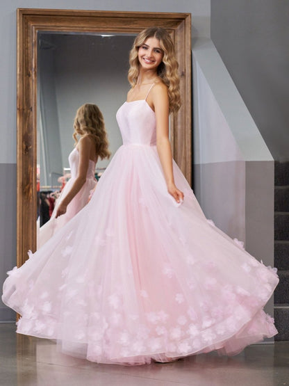 Arabella |A-line Spaghetti Straps Pink Tulle Prom Dress