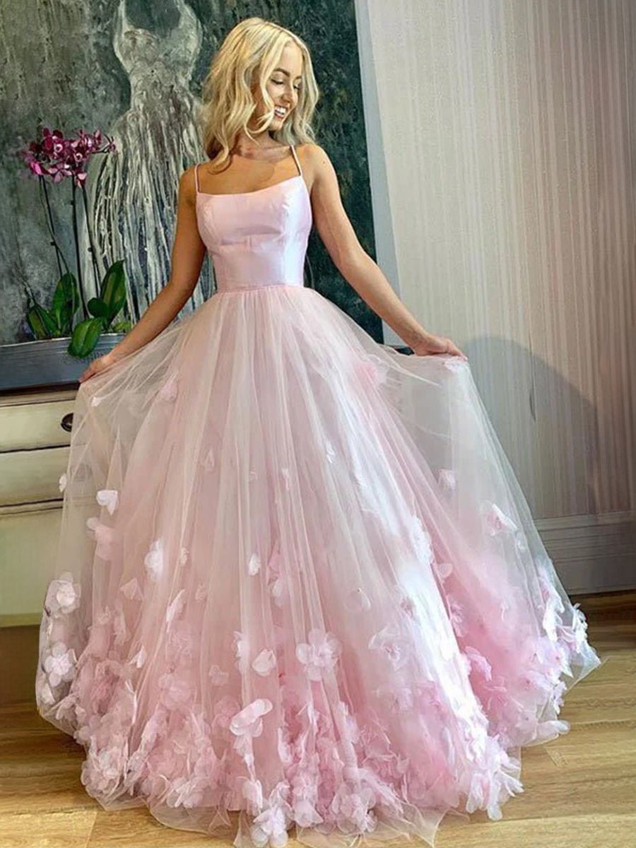 Sevoba|A-line Spaghetti Straps Pink Tulle Prom Dress