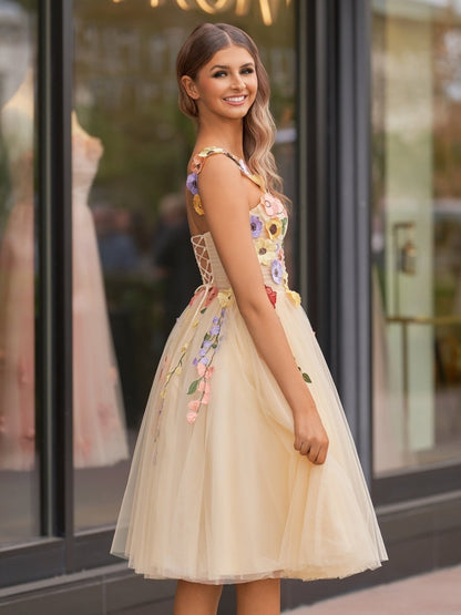 3D Flower Tulle Tea Length Prom Dresses