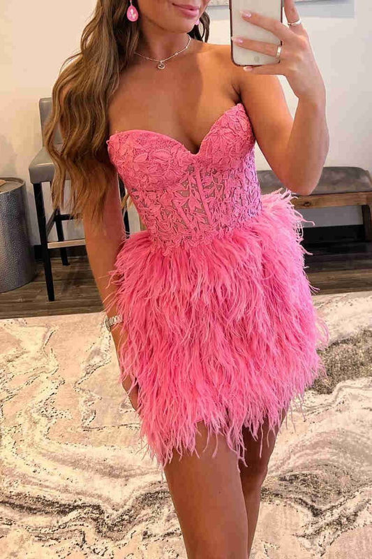 Amina |Sheath Sweetheart Lace Feather Skirt Homecoming Dress