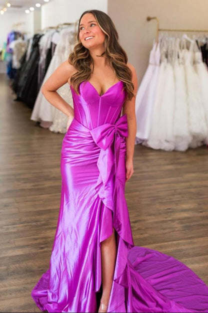 Jianna | Straps V-Neck Satin Mermaid Prom Dress with Bow