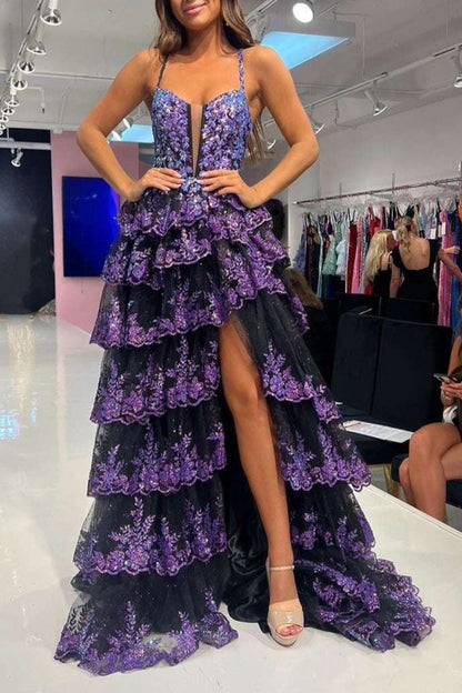 Martha | Straps Fuchsia Sequin Layered Formal Dress with Slit