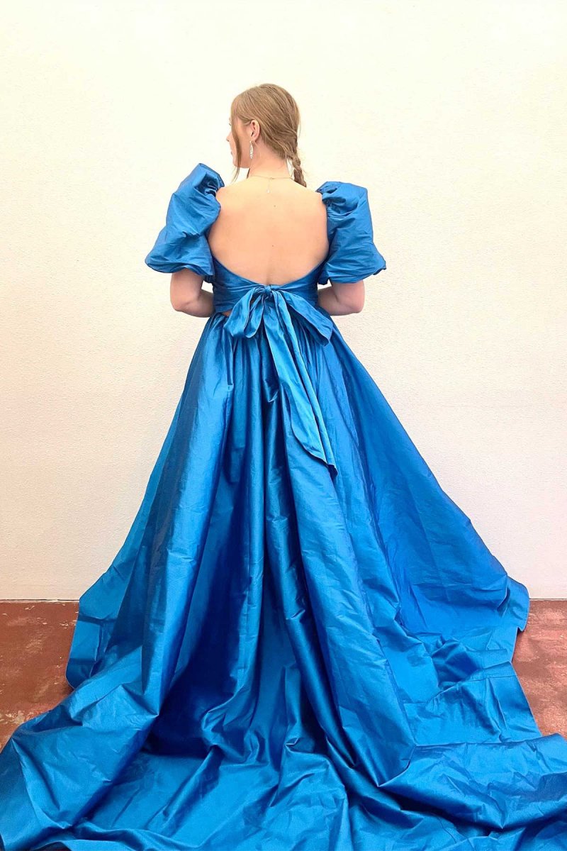 Lynette | Square Neck Fuchsia Puff Sleeves A-Line Prom Dress