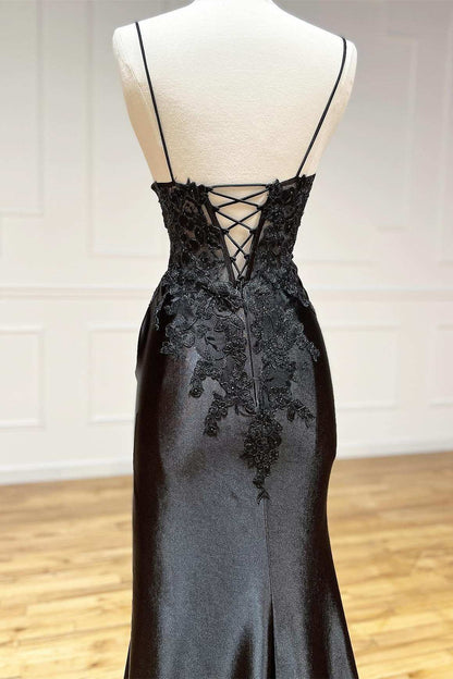 Sevoba|Black Appliques V-Neck Lace-Up Prom Gown with Slit