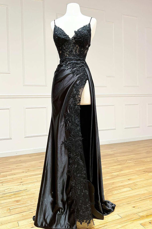 Sevoba|Black Appliques V-Neck Lace-Up Prom Gown with Slit