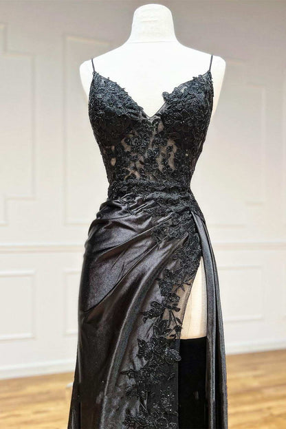 Sevoba|Black Appliques V-Neck Lace-Up Prom Gown with Slit