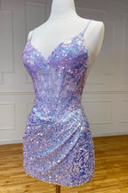Othello | Sparkle Appliques Sequin Bodycon Lilac Homecoming Lace-up Dress
