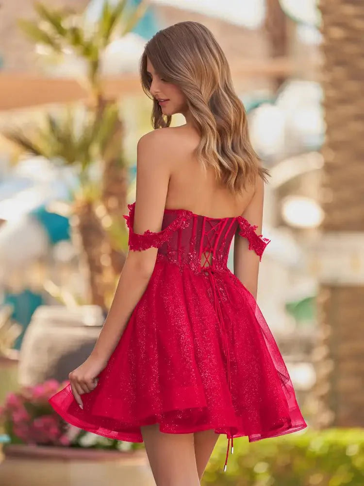 Sevoba|Red - A Line Off the Shoulder Lace Corset Sequined Homecoming Dresses