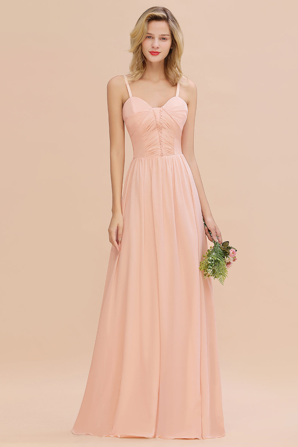 Glamorous Chiffon Spaghetti Straps Ruffle Long Bridesmaid Dresses Affordable