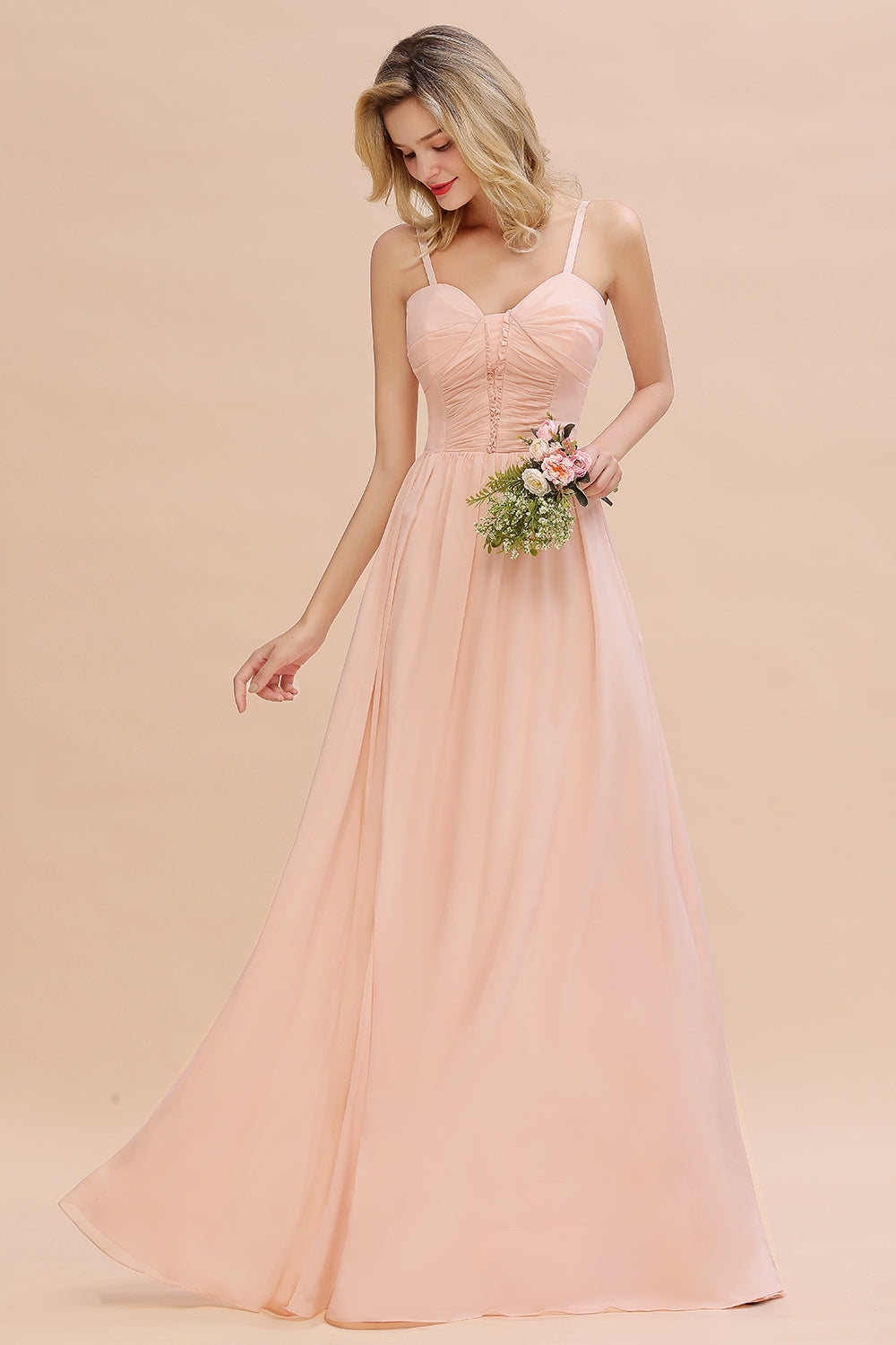 Glamorous Chiffon Spaghetti Straps Ruffle Long Bridesmaid Dresses Affordable