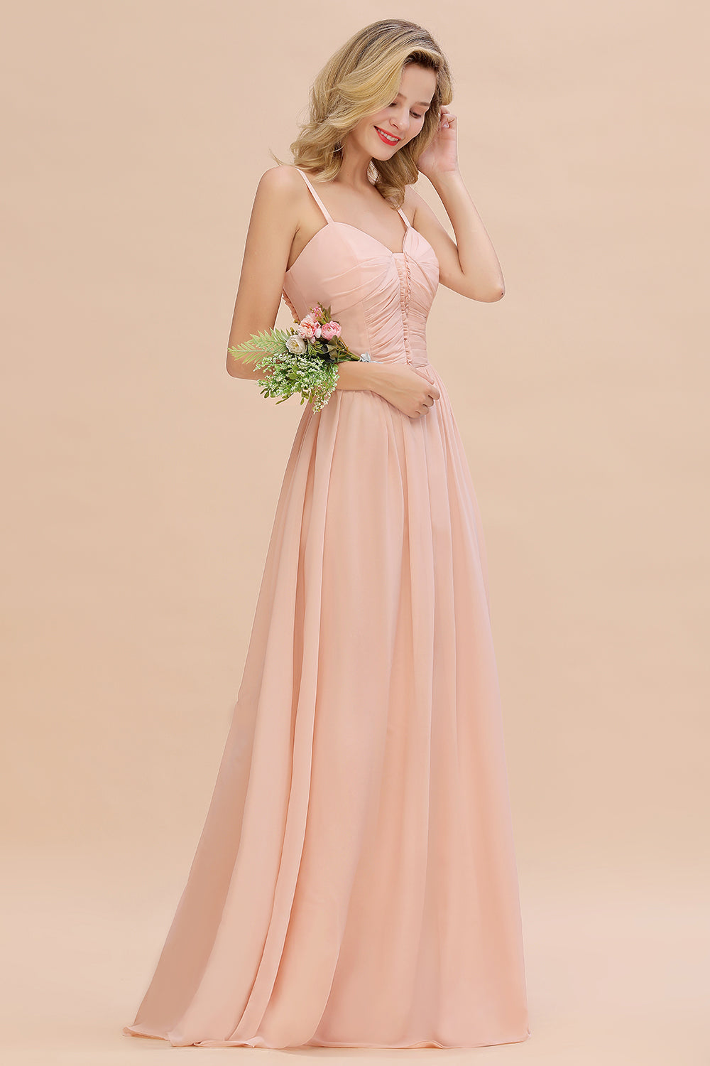 Glamorous Chiffon Spaghetti Straps Ruffle Long Bridesmaid Dresses Affordable