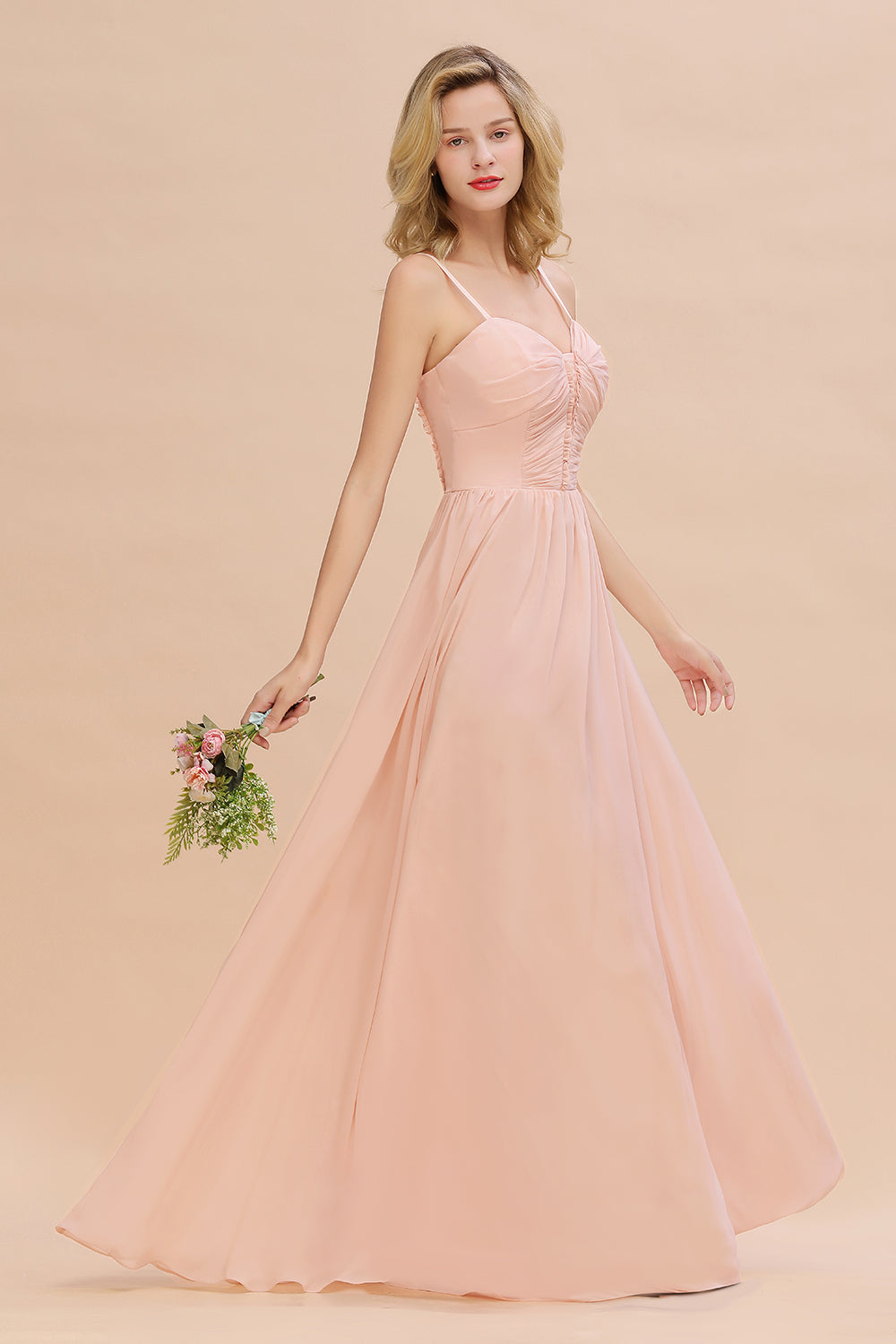 Glamorous Chiffon Spaghetti Straps Ruffle Long Bridesmaid Dresses Affordable