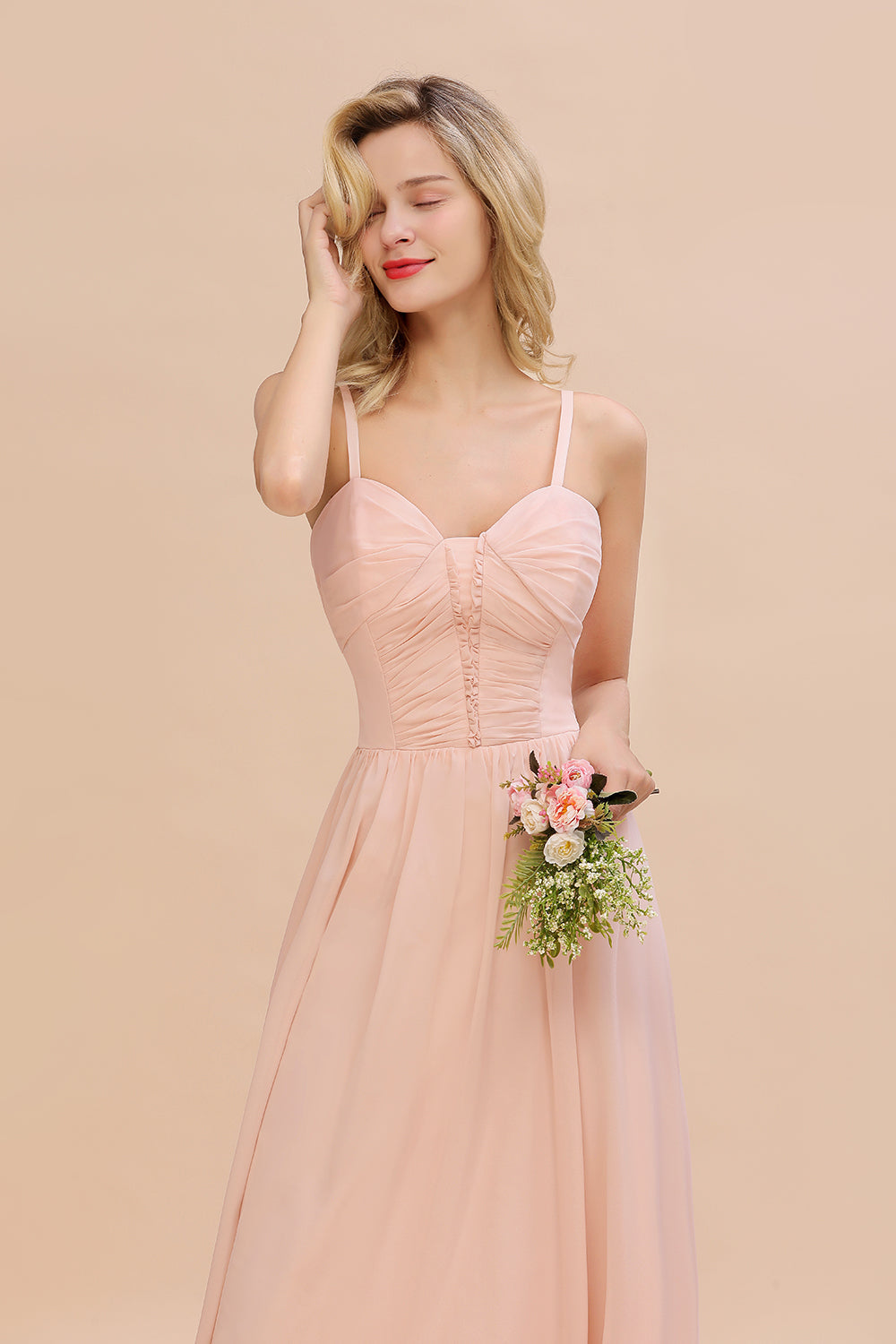 Glamorous Chiffon Spaghetti Straps Ruffle Long Bridesmaid Dresses Affordable