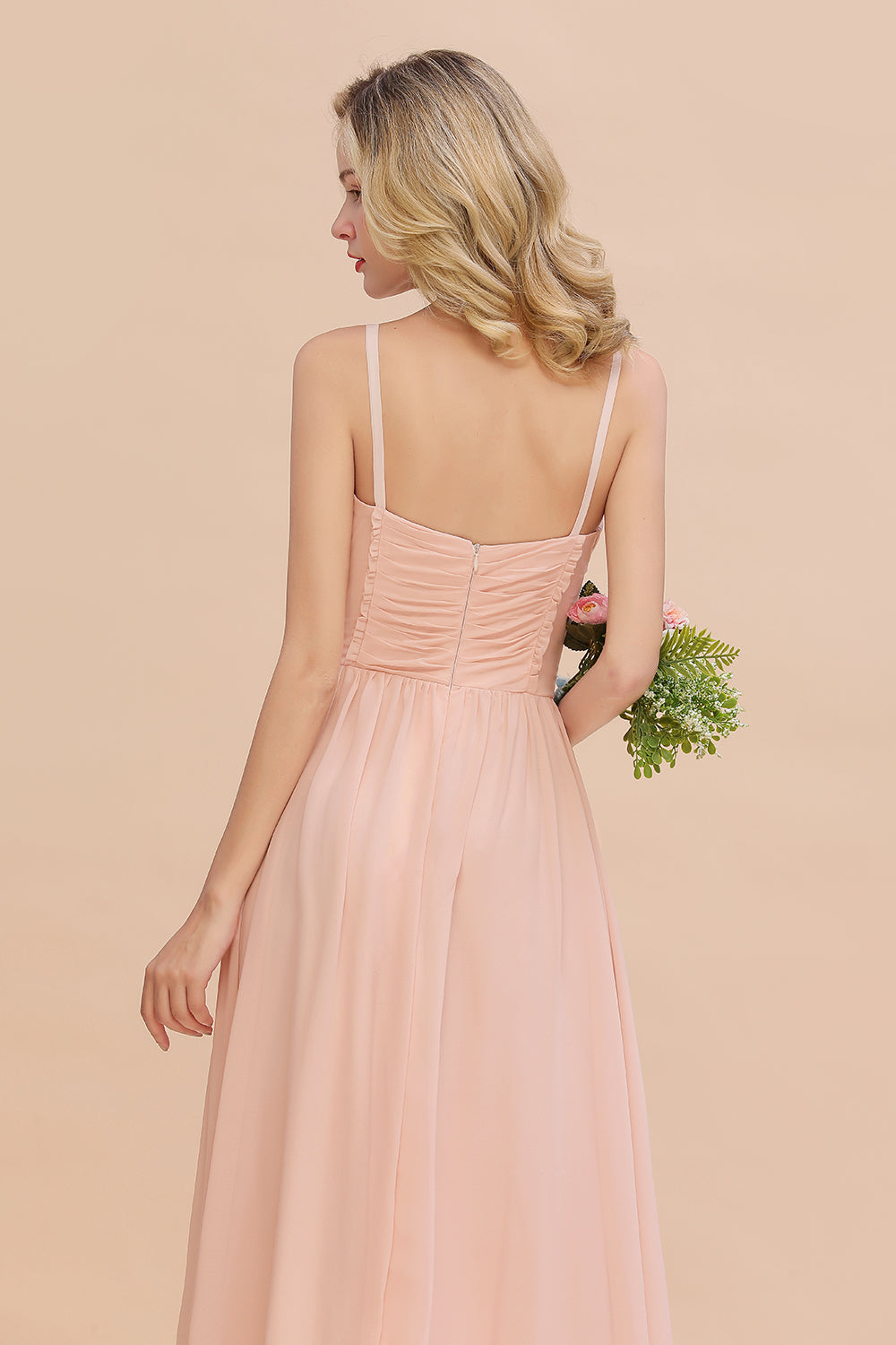 Glamorous Chiffon Spaghetti Straps Ruffle Long Bridesmaid Dresses Affordable