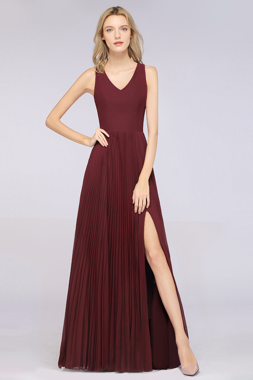 Glamorous Chiffon V-Neck Ruffle Burgundy Bridesmaid dresses Affordable