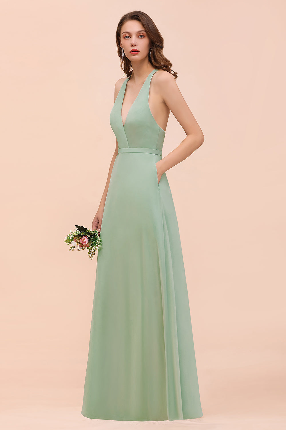 Glamorous Dusty Sage V-Neck Straps Affordable Bridesmaid Dresses