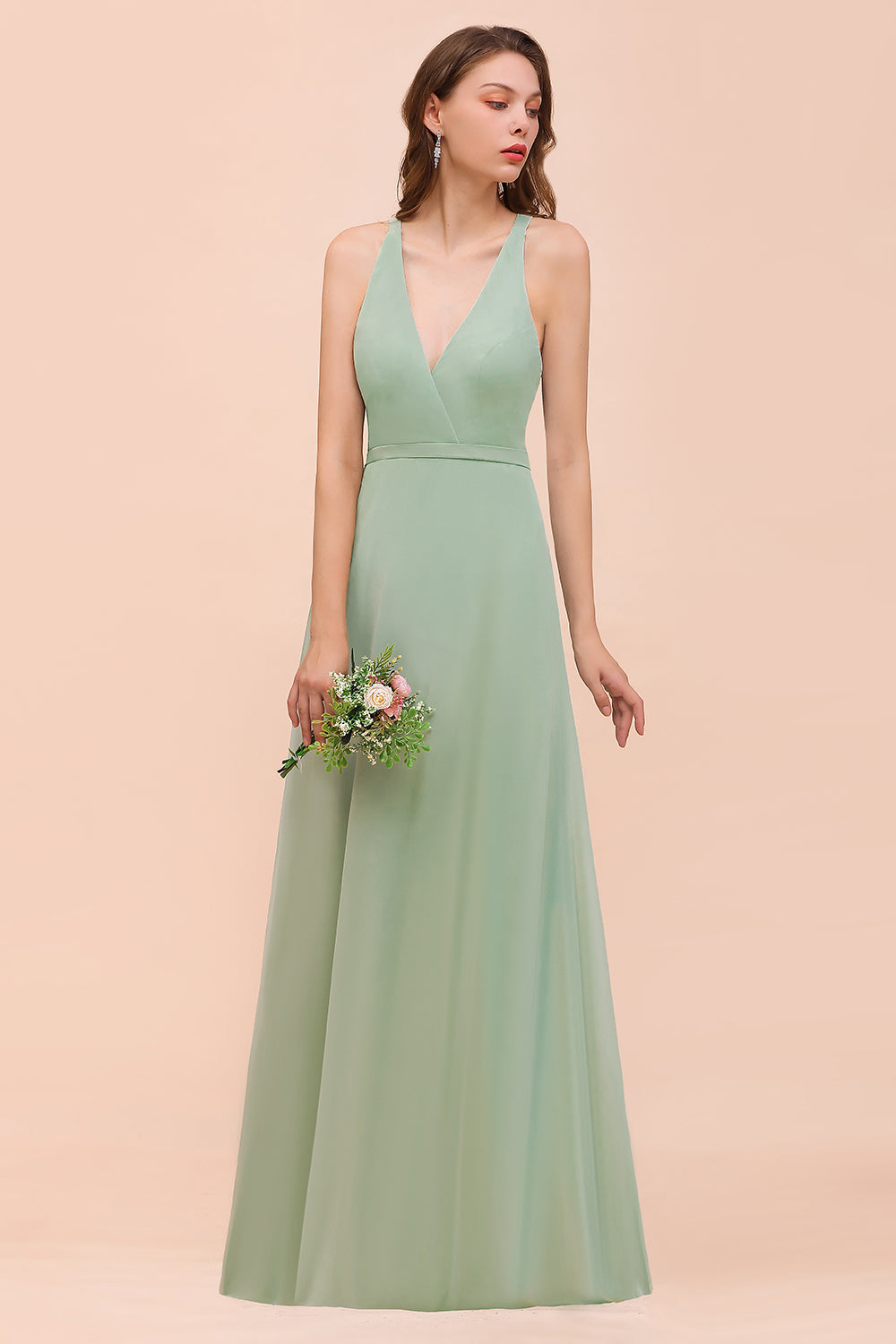 Glamorous Dusty Sage V-Neck Straps Affordable Bridesmaid Dresses