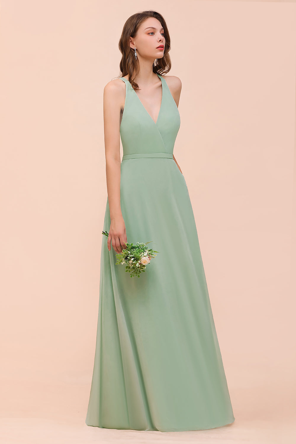 Glamorous Dusty Sage V-Neck Straps Affordable Bridesmaid Dresses