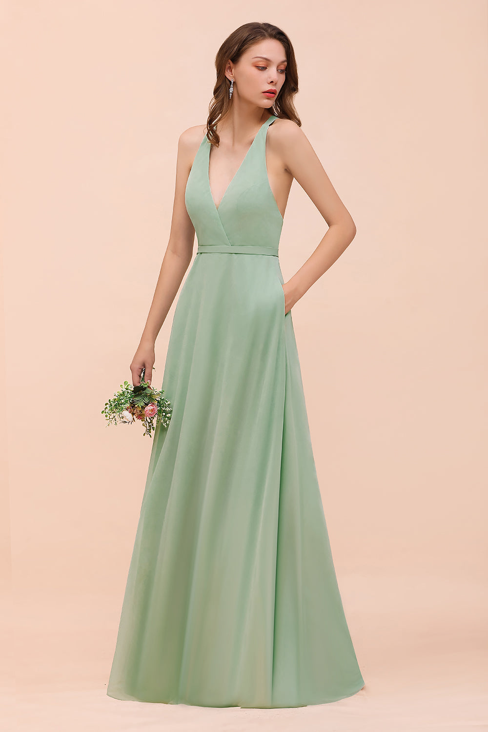 Glamorous Dusty Sage V-Neck Straps Affordable Bridesmaid Dresses