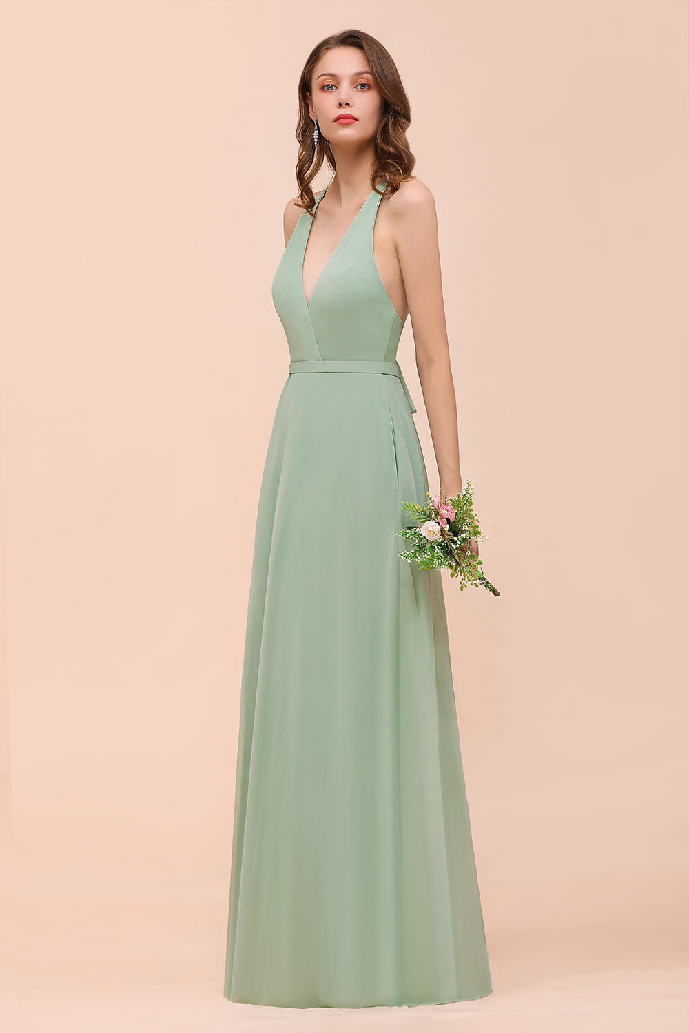 Glamorous Dusty Sage V-Neck Straps Affordable Bridesmaid Dresses