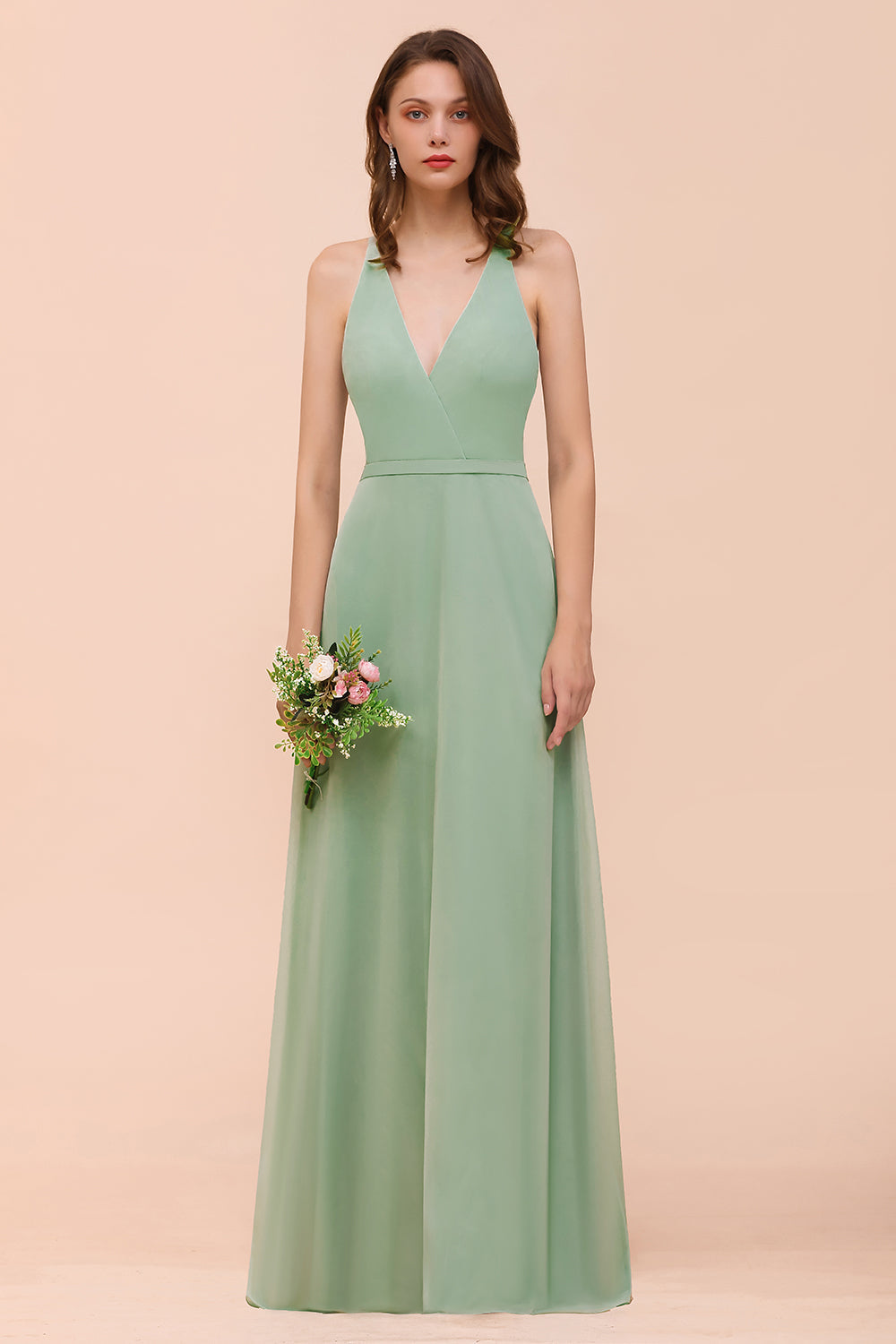 Glamorous Dusty Sage V-Neck Straps Affordable Bridesmaid Dresses