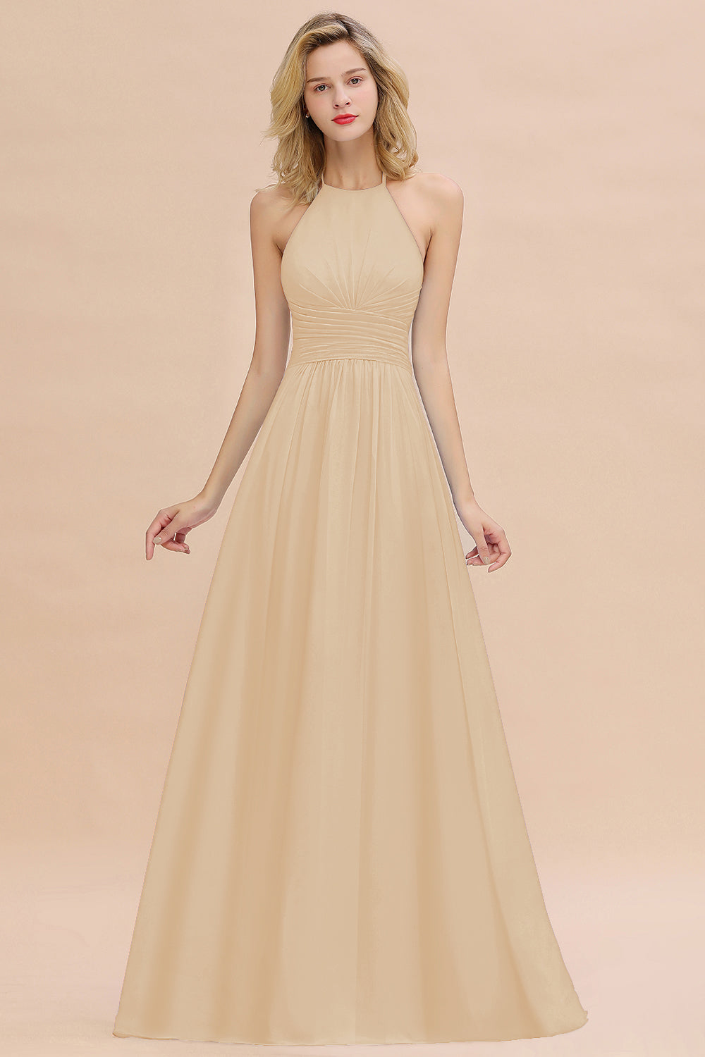 Glamorous Halter Backless Long Affordable Bridesmaid dresses with Ruffle