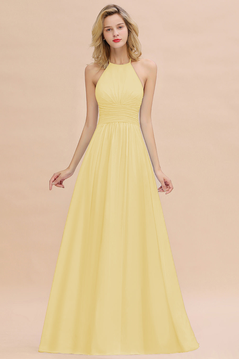 Glamorous Halter Backless Long Affordable Bridesmaid dresses with Ruffle