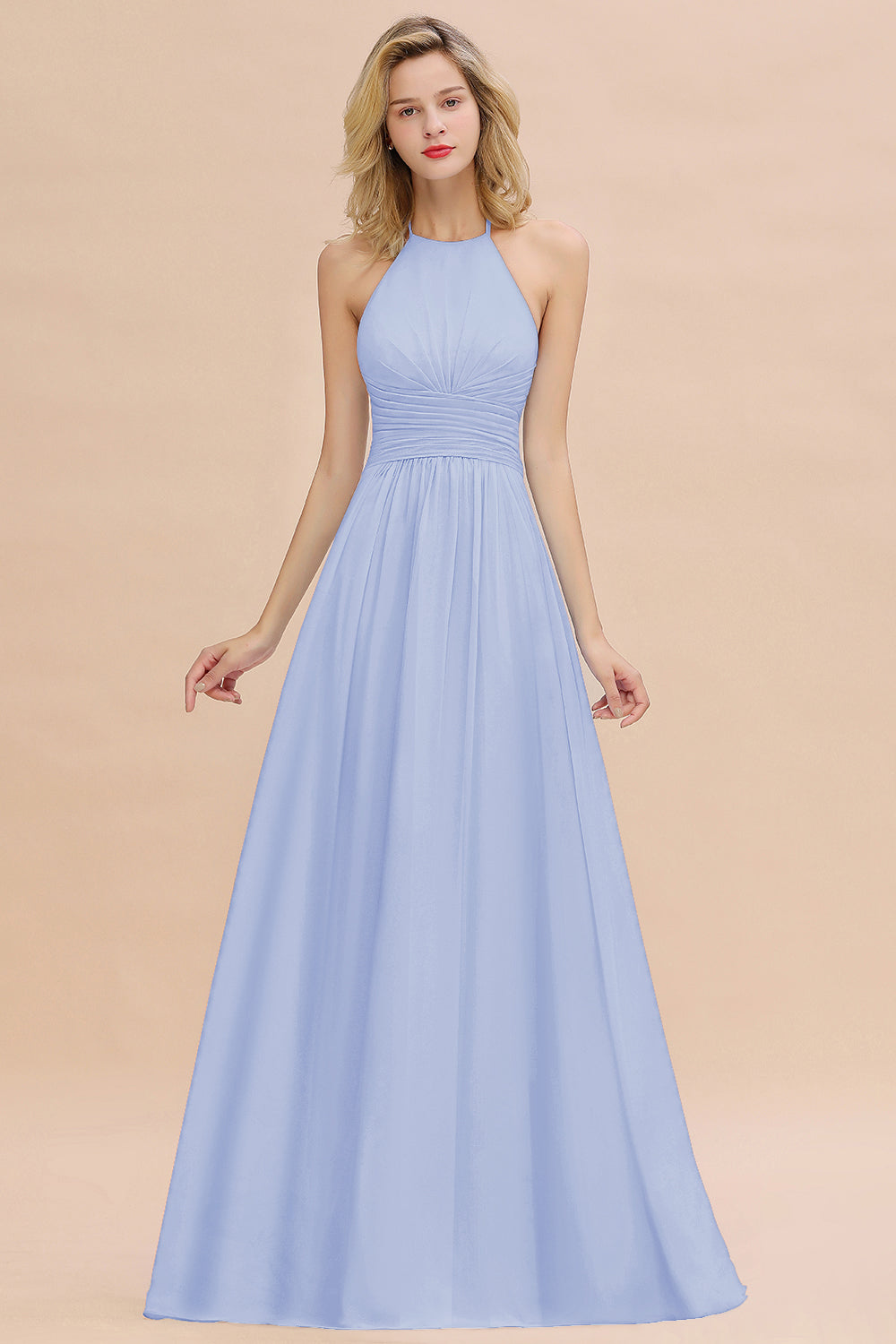 Glamorous Halter Backless Long Affordable Bridesmaid dresses with Ruffle