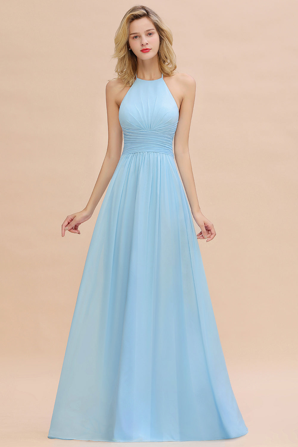 Glamorous Halter Backless Long Affordable Bridesmaid dresses with Ruffle