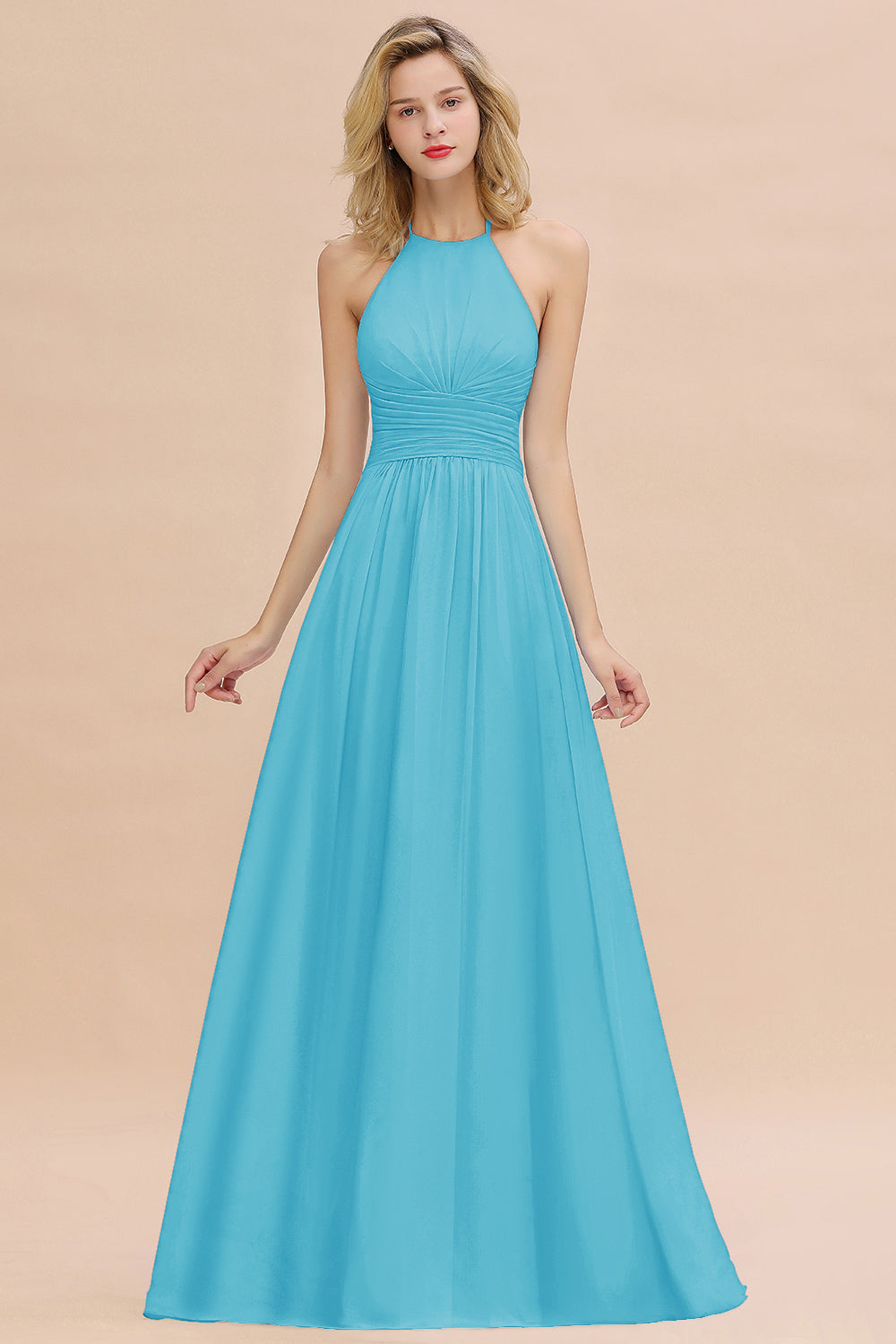 Glamorous Halter Backless Long Affordable Bridesmaid dresses with Ruffle