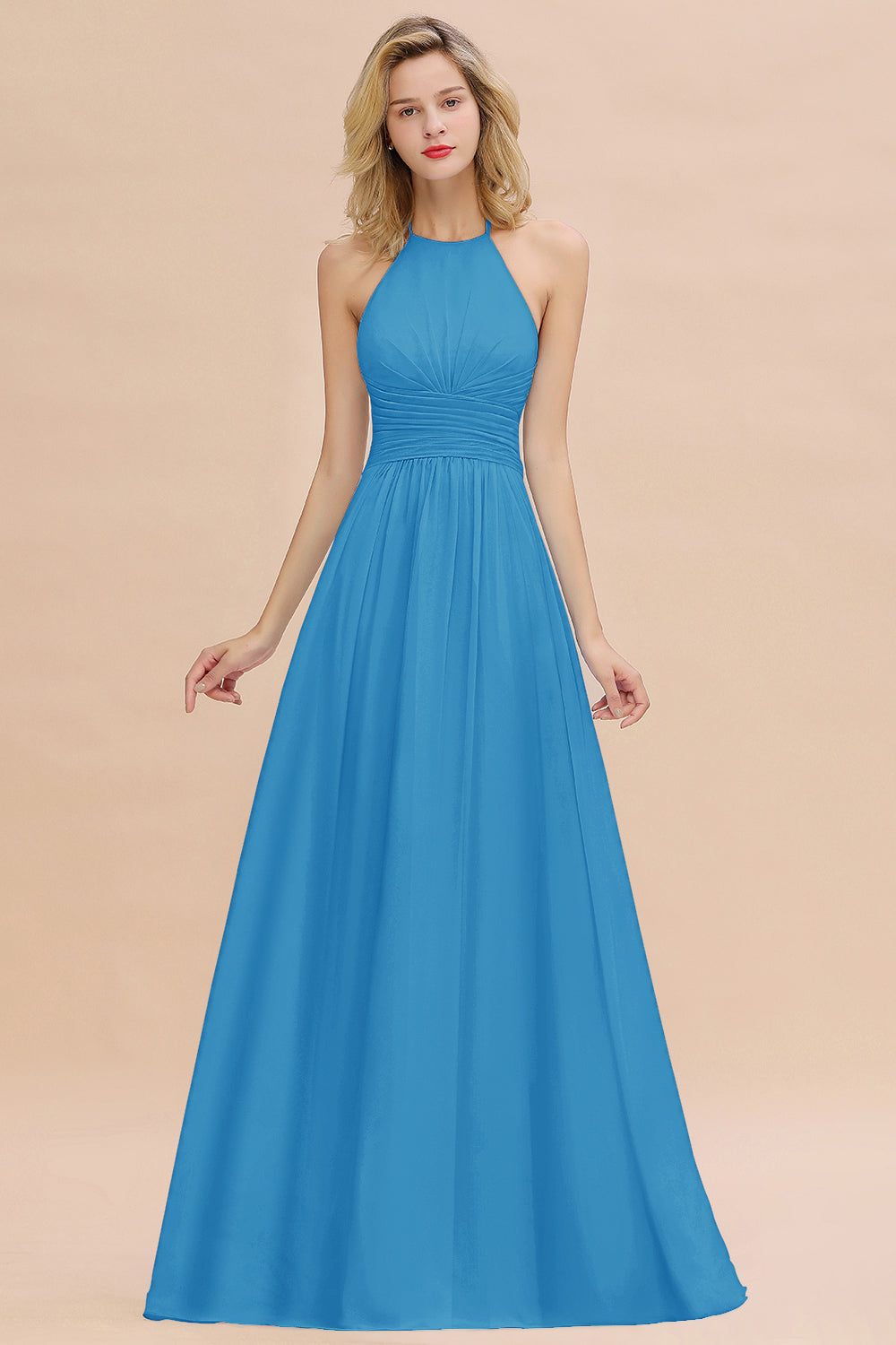 Glamorous Halter Backless Long Affordable Bridesmaid dresses with Ruffle