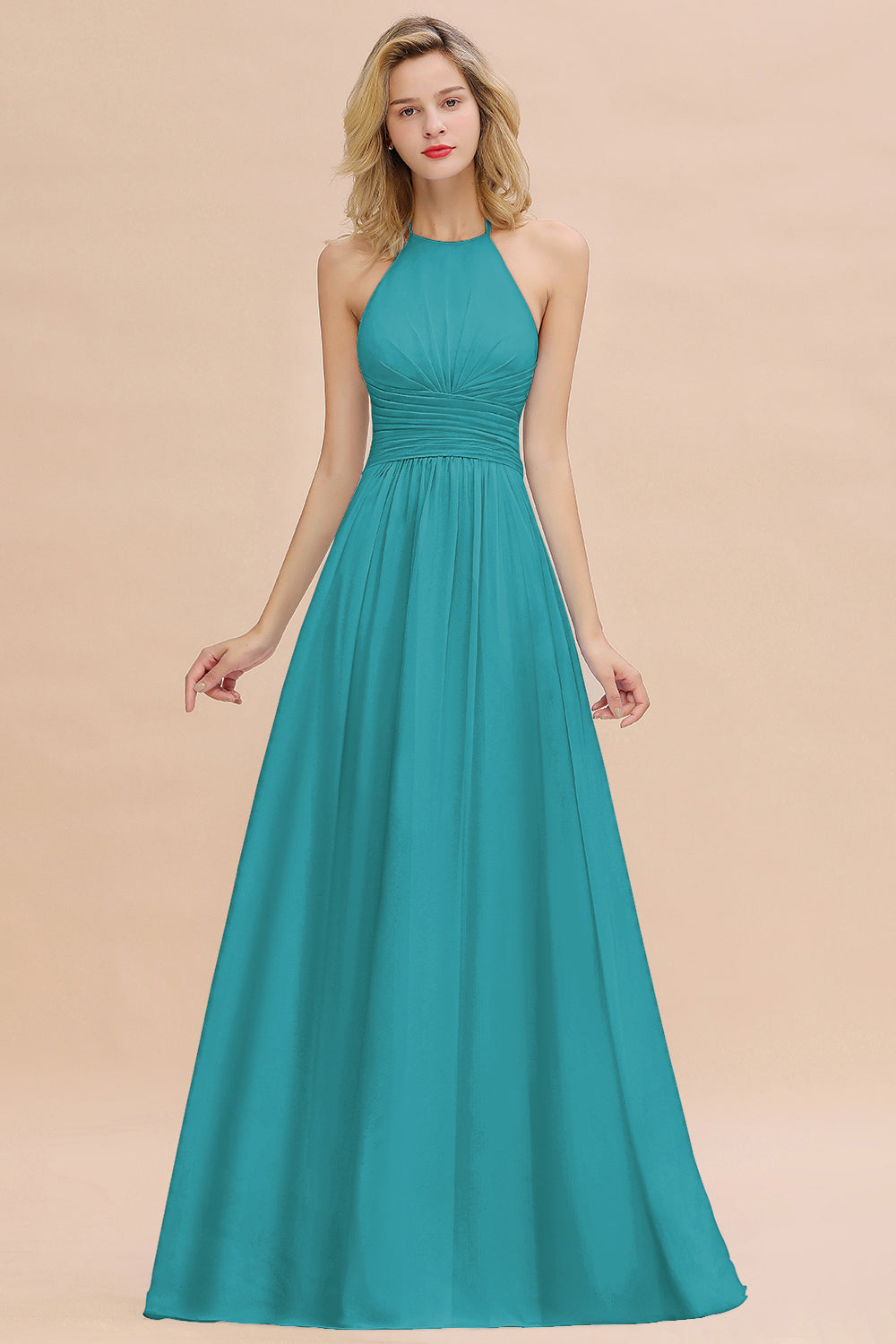 Glamorous Halter Backless Long Affordable Bridesmaid dresses with Ruffle